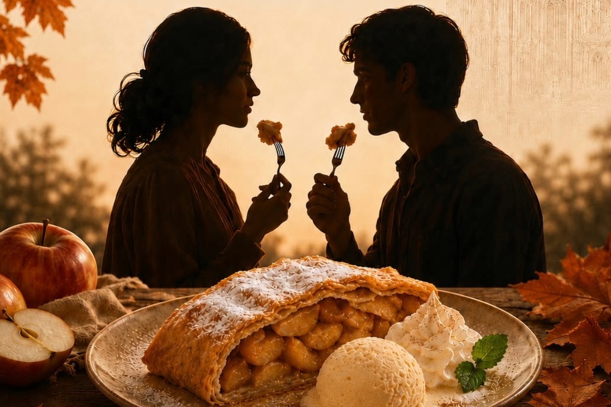 Herrlich warmer Apfelstrudel mit Eis, Sahne und einem Cappuccino!